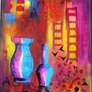 Rød-violet collage med vaser